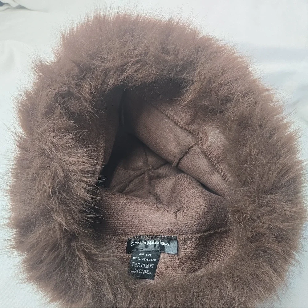 Womens Faux Fur Hat cozy warm winter brown fur trimmed with leopard crown
